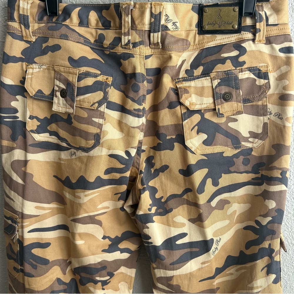 Baby Phat Y2K Brown Tan Camo Cargo Wide Leg Embellished Rhinestone Pants - Picture 9 of 14